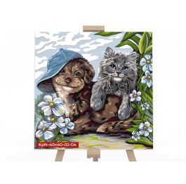 Картина по номерам  №4 'Котенок и щенок' 40*40см,